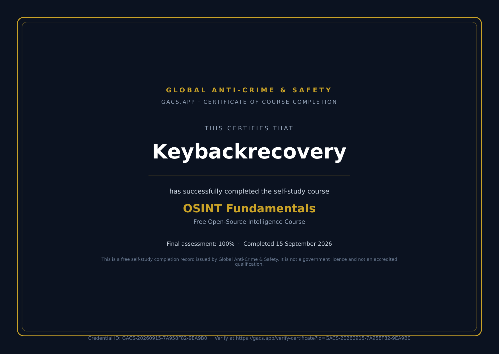 Official GACS OSINT Fundamentals course-completion certificate issued to Keybackrecovery with a 100% final assessment score